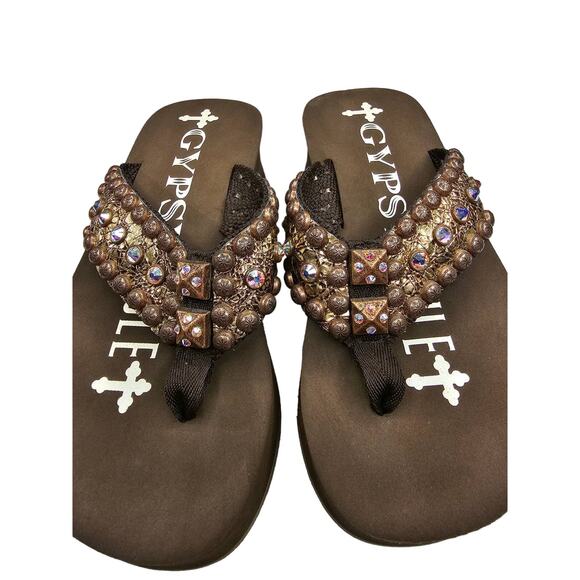 GYPSY SOULE Brown Flip-flops Gold Crystal Swarovski Rhinestone Metallic size 8 - Picture 5 of 11